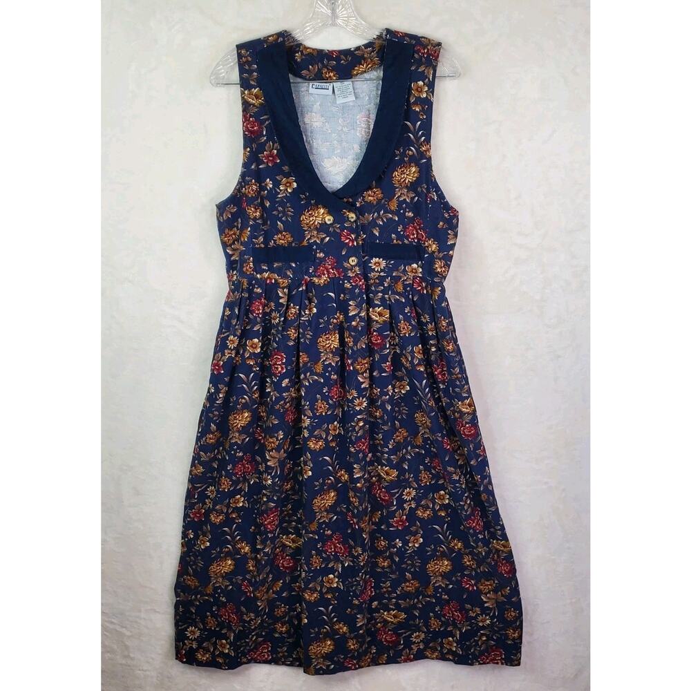 VTG 90's Capacity Jumper Dress Small Navy Blue Red Floral Midi Corduroy V Neck